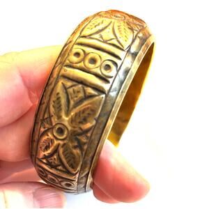 Brass bangle bracelet vintage 1970's domed embossed retro Boho hippie chic